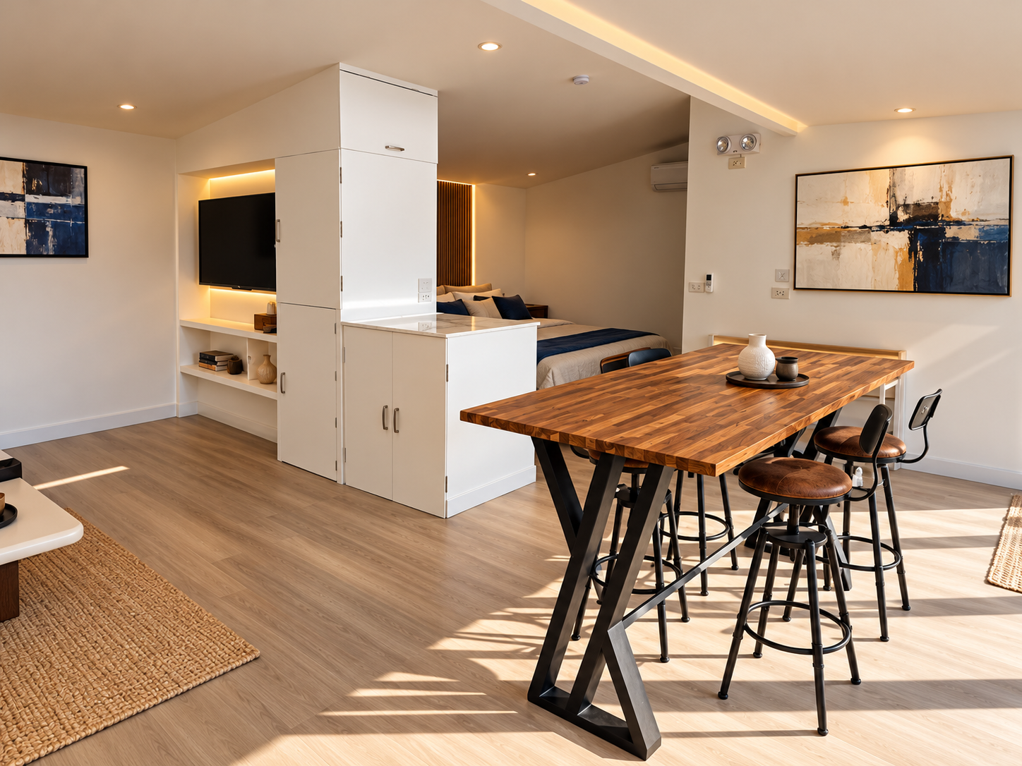 Open-plan living and dining area inside the villa