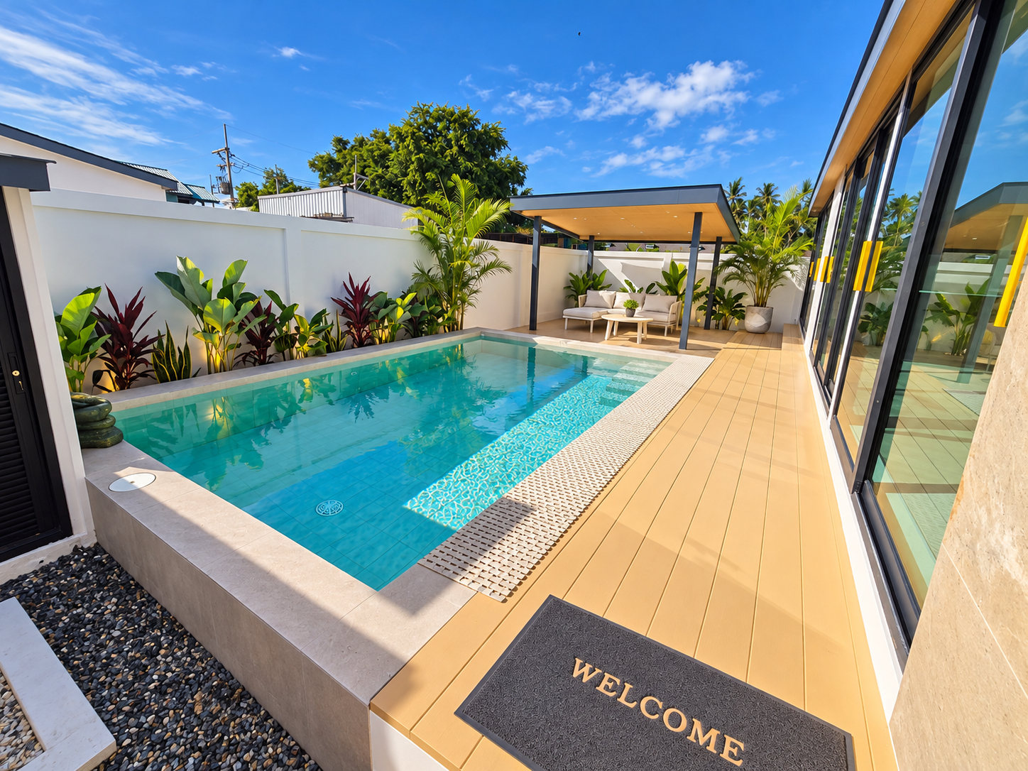 Private swimming pool surrounded by the villa courtyard and tropical planting